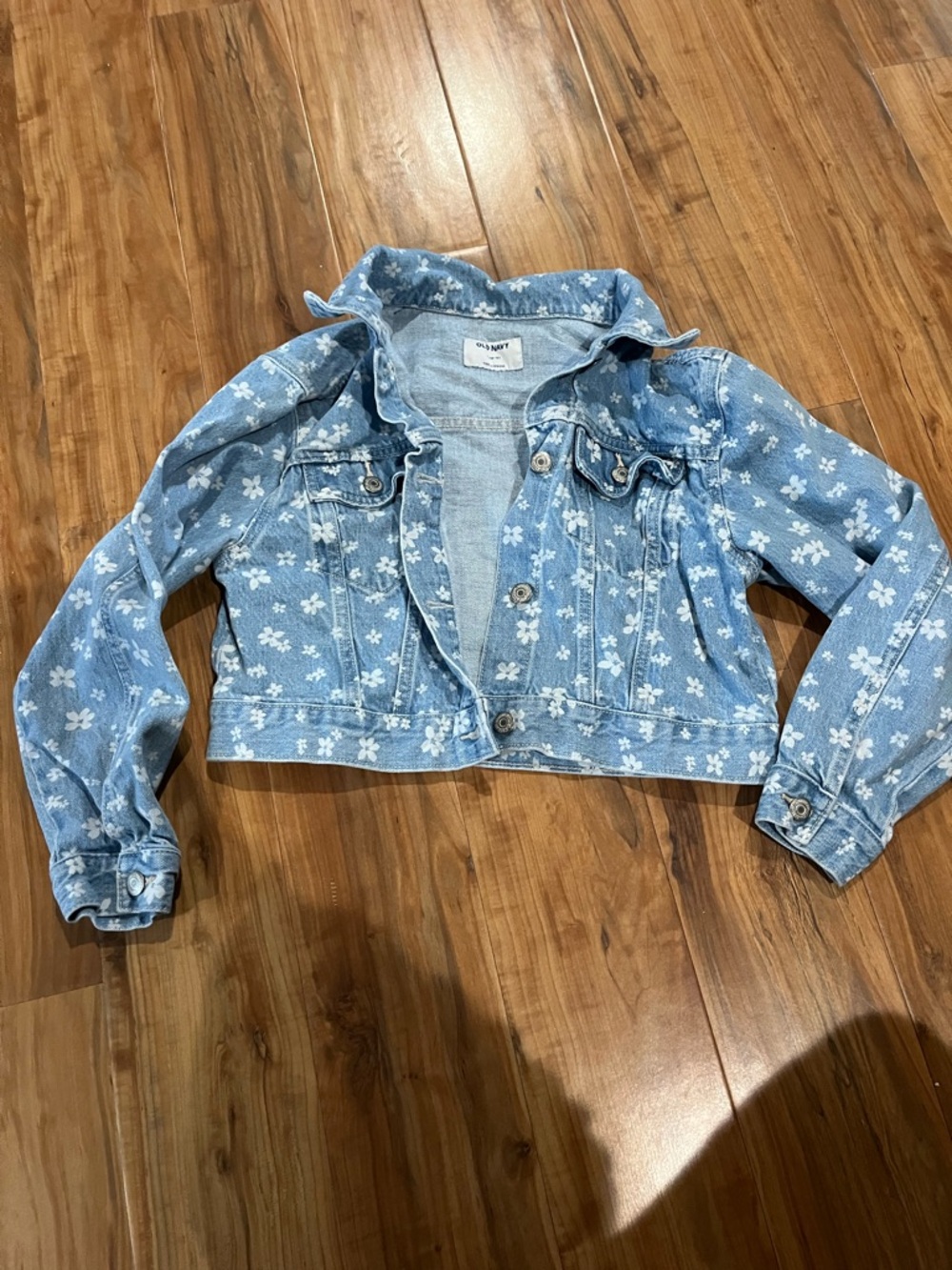 Girls Light Blue Floral Crop Denim Jacket